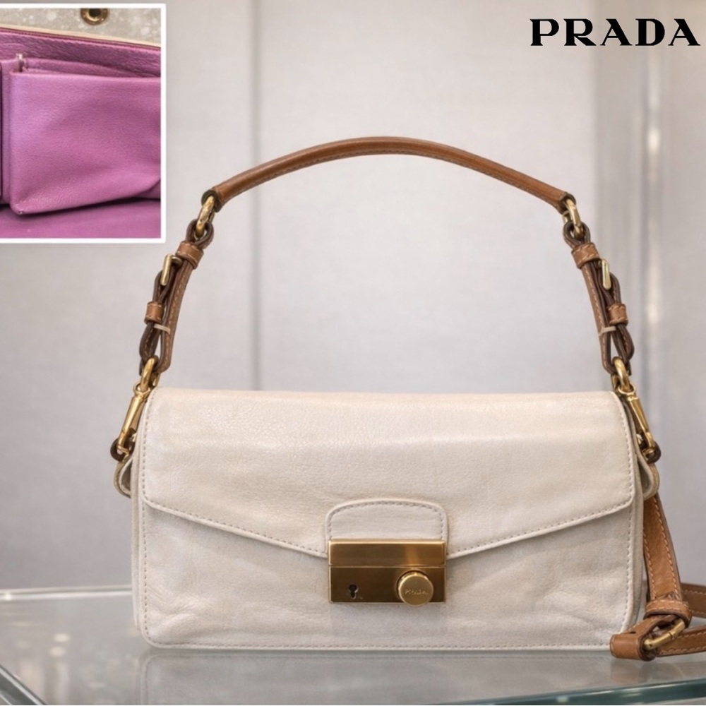 AUTHENTIC PRADA SOUND CREAM LEATHER PINK LEATHER INTERIOR 2 STRAPS KEY